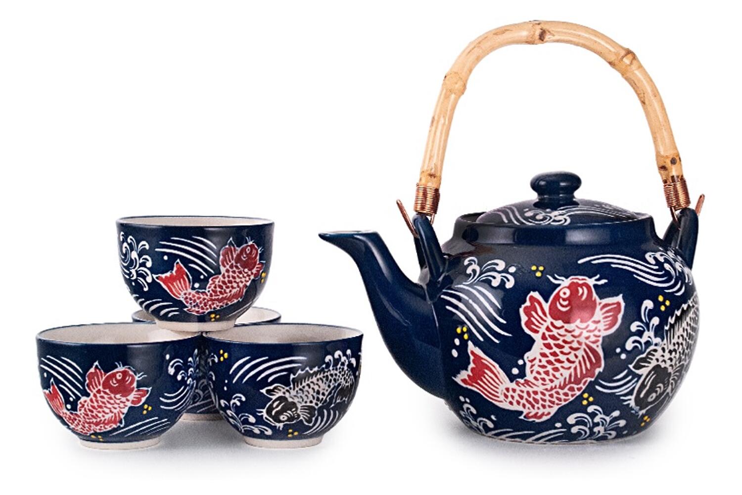 Lod Products Bamboo Cup Black Red セット Black and Red Koi on Blue | 25oz Tea Set with Bamboo Handle
