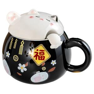 Thumbnail of Fortune Whimsy Cat on Black | 15oz Mug with Lid & Spoon