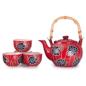 Thumbnail of Red with Blue Bloom | 30oz Tea Set with Bamboo Handle