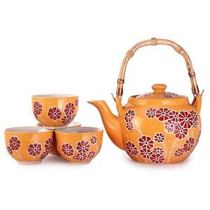 Thumbnail of Red Flowers on Orange | 25oz Tea Set with Bamboo Handle