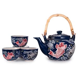 Thumbnail of Black and Red Koi on Blue | 25oz Tea Set with Bamboo Handle