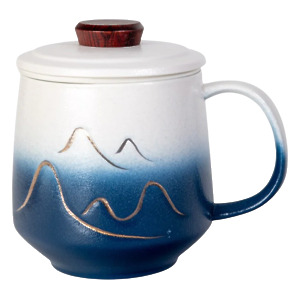Thumbnail of Mountain Design White Over Blue | 12oz Mug with Lid and Infuser