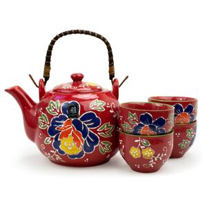 Thumbnail of Red with Blue Flower | Tea Set with Bamboo Handle