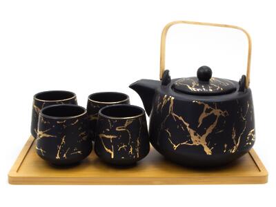Thumbnail of Gold Marbled Black | 26 oz Modern Style Teaset With Tray 