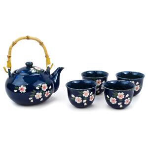 Thumbnail of White Pink Flowers on Blue | 30oz Tea Set with Bamboo Handle