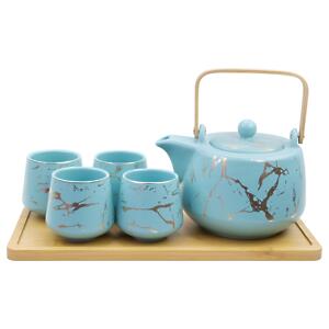 Thumbnail of 4 Cup Gold Marbled Tea Set with Tray - 37oz | Turquoise
