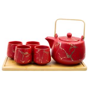 Thumbnail of 4 Cup Gold Marbled Tea Set with Tray - 37oz | Red