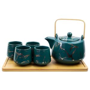 Thumbnail of 4 Cup Gold Marbled Tea Set with Tray - 37oz | Green