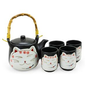 Thumbnail of Happy Cat Pink on Black | Tea Set with Bamboo Handle