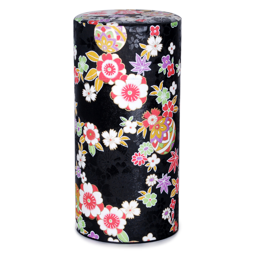 Flowers and Leaves on Black | 7oz Paper Tea Canister