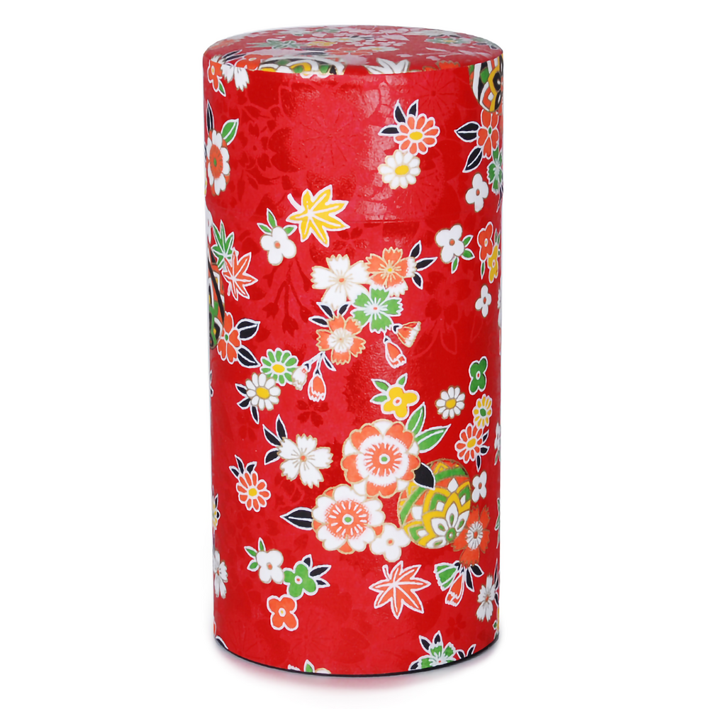 Flowers and Leaves on Red | 7oz Paper Tea Canister